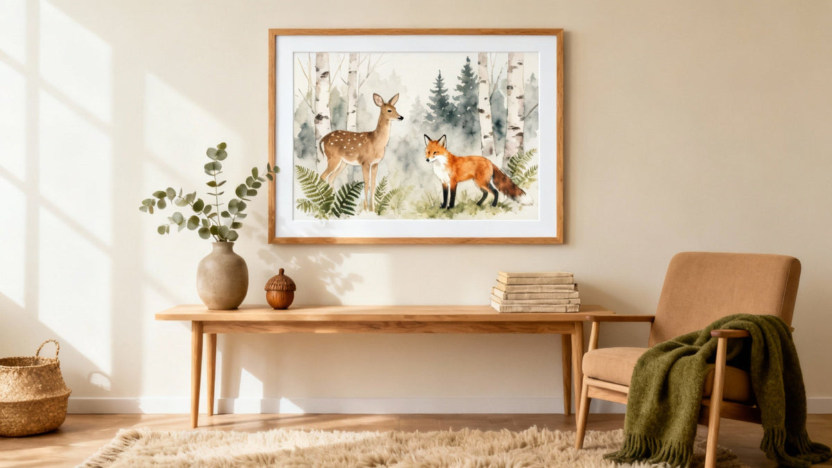 Framed wall art mockup featuring whimsical woodland animals for charming forest animal decor.
