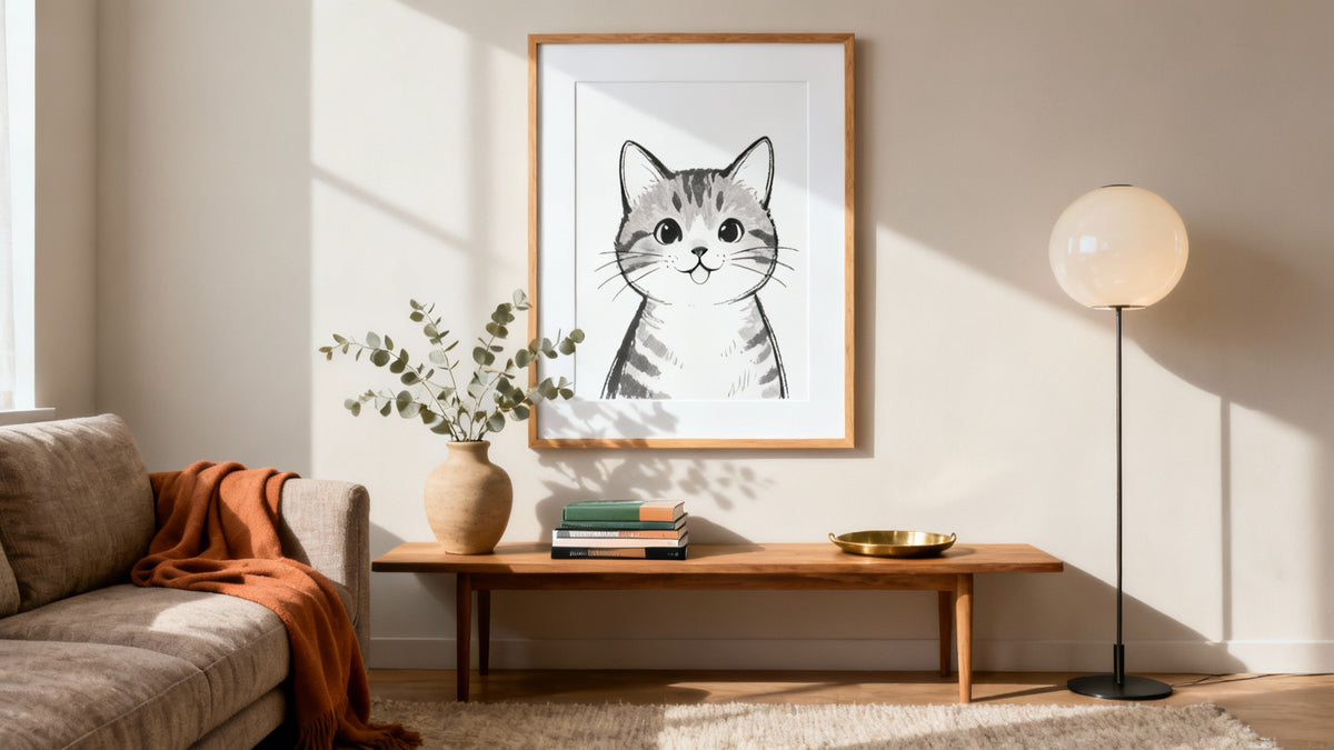 Framed wall art mockup featuring a stylish poster of a cat to enhance your home decor.