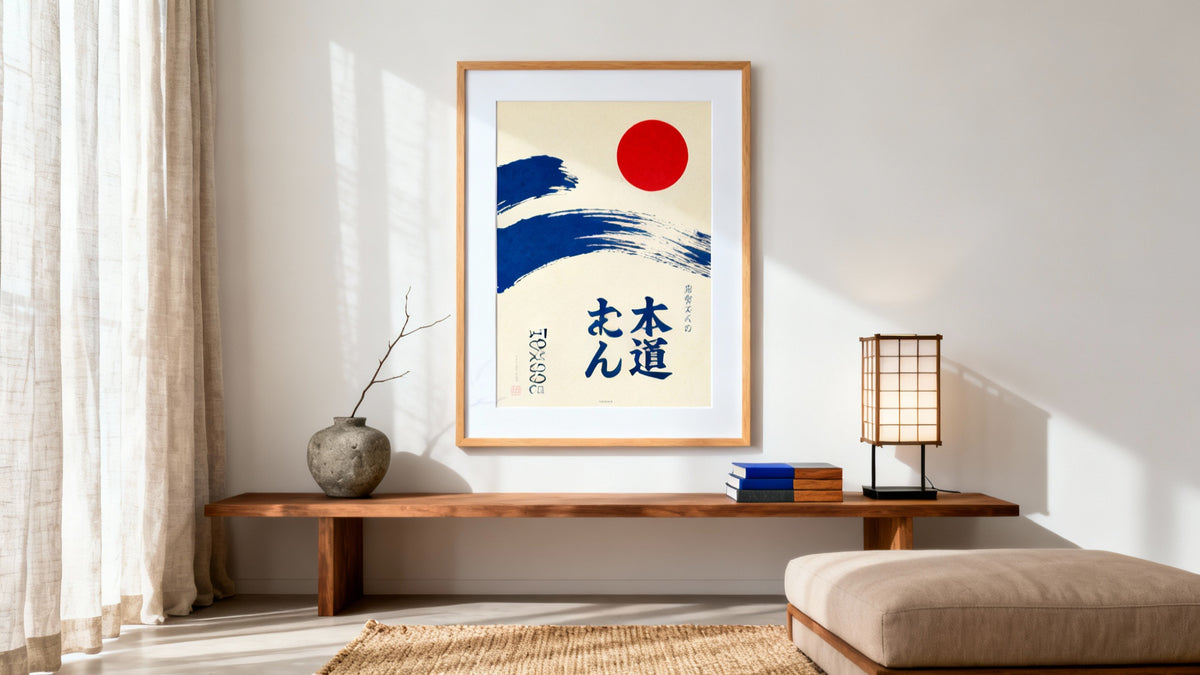 Framed wall art mockup showcasing a vibrant Japan poster, highlighting Japanese poster art style.