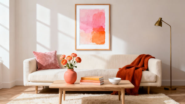 Framed wall art mockup featuring vibrant pink and orange home decor elements for stylish interior design.
