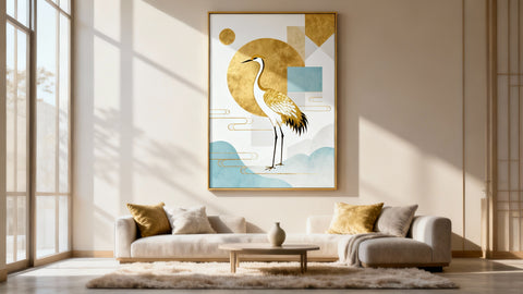 Framed wall art mockup featuring a golden crane, symbolizing elegance and tranquility in decor.