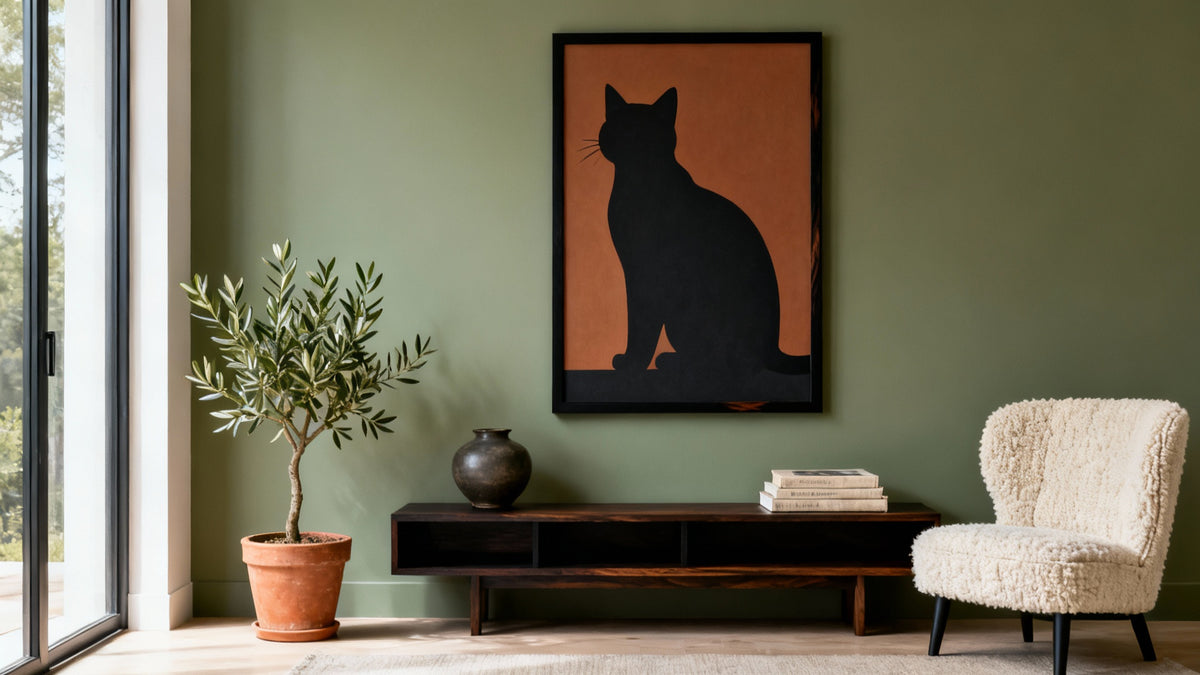 Framed contemporary cat and dog art mockup for modern home decor inspiration.
