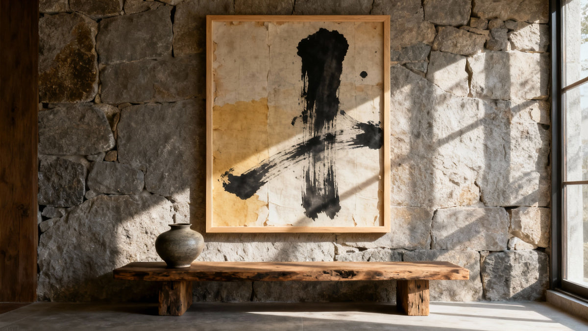 Framed wabi-sabi art mockup showcasing beauty in imperfection with Japanese aesthetic elements.