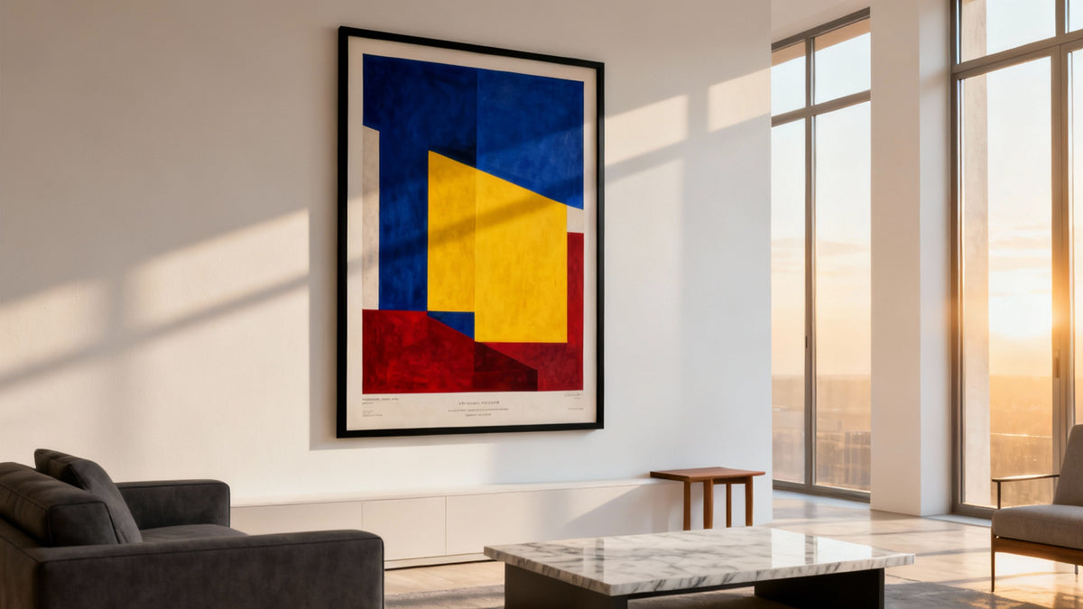 Framed modernist poster mockup showcasing vibrant design and contemporary art style for home decor inspiration.