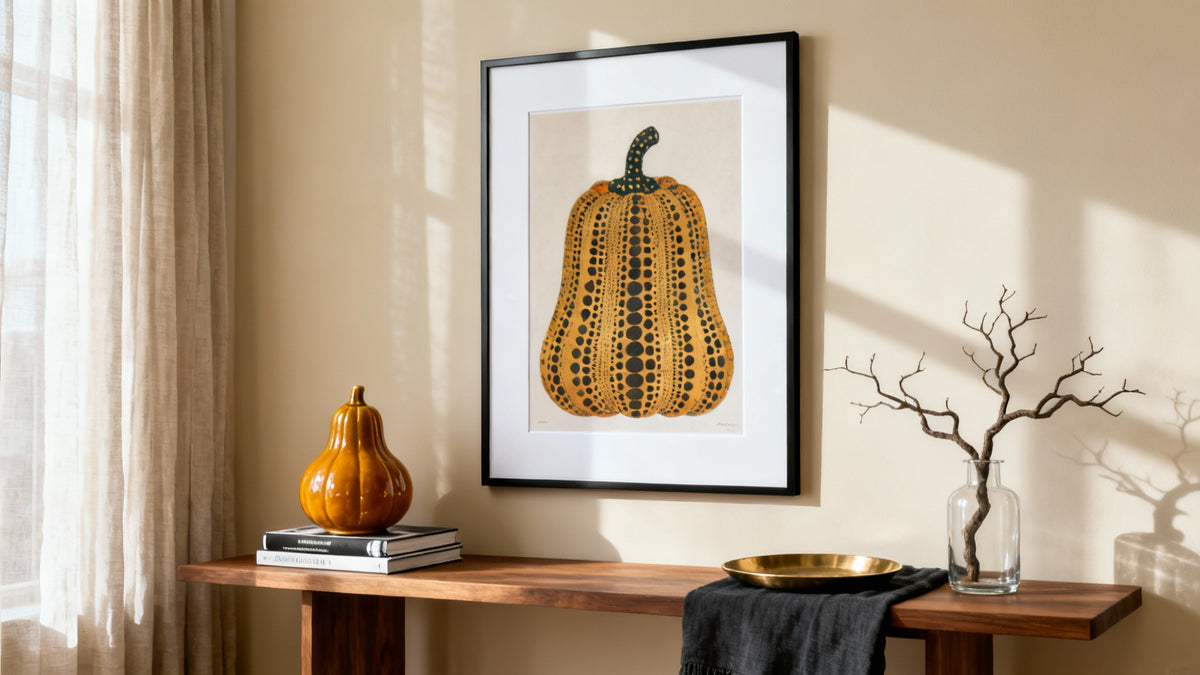 Framed Yayoi Kusama poster mockup showcasing vibrant art for home decor inspiration.