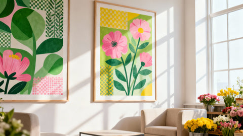 Framed wall art mockup featuring a colorful flower market scene with vibrant blooms.