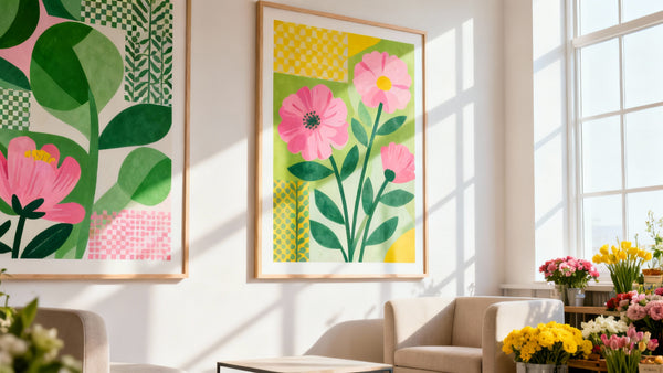 Framed wall art mockup featuring a colorful flower market scene with vibrant blooms.