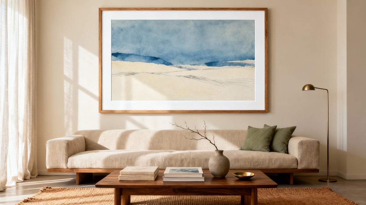 Framed wall art mockup showcasing the best prints for living room decor.