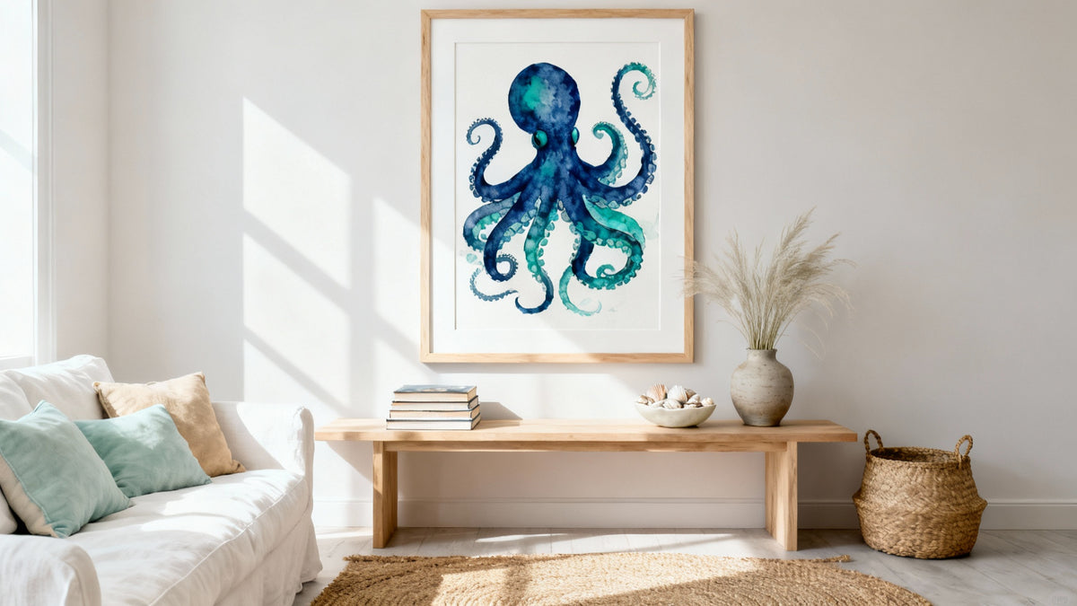 Framed octopus wall art mockup showcasing unique charm for stylish home decor.