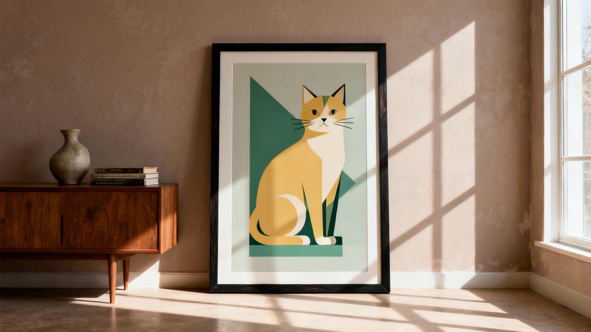 Framed retro cat poster mockup showcasing stylish design for modern home decor.