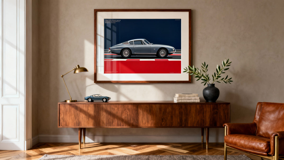 Framed vintage car poster mockup showcasing classic wall art for auto enthusiasts.