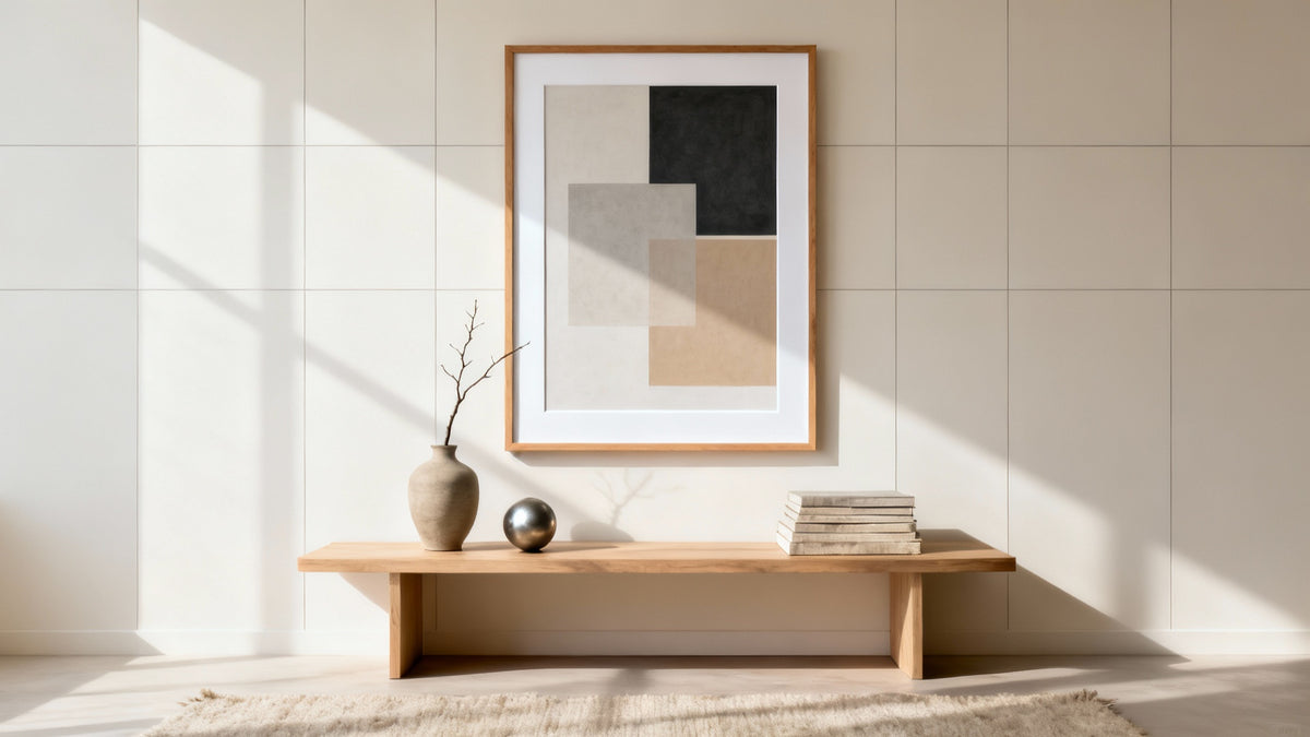 Framed wall art mockup showcasing abstract minimal art design with modern aesthetics and subtle colors.