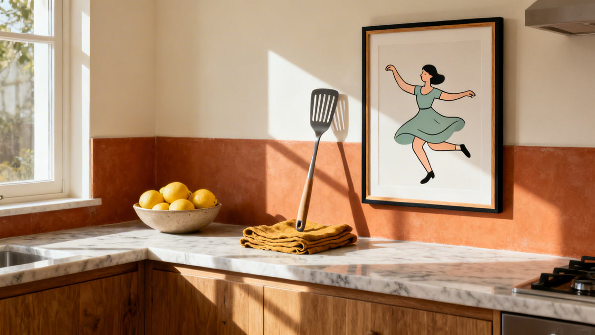 Mockup of framed funny kitchen artwork adding humor to culinary decor.