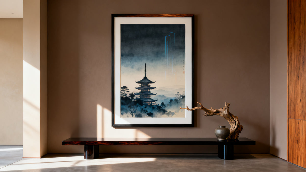 Framed wall art mockup featuring stunning Japan concept art showcasing beauty, culture, and innovation.