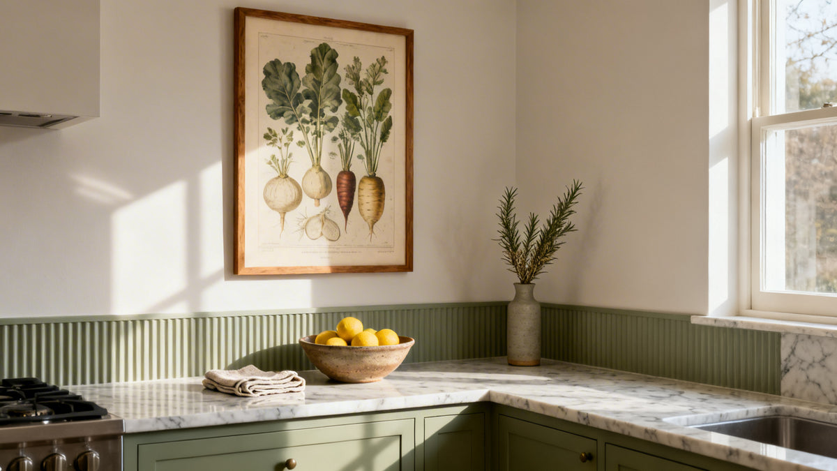 Framed kitchen artworks mockup displaying stylish decor for culinary spaces.
