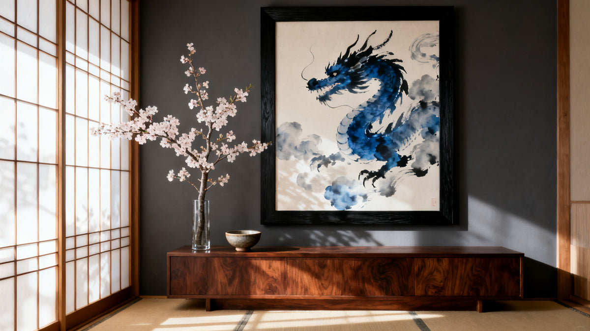 Framed wall art mockup featuring a Japanese style dragon, showcasing its rich history and symbolism.