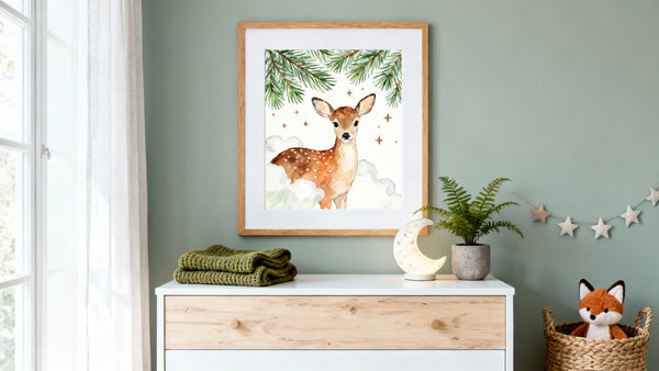 Woodland themed nursery decor mockup featuring framed art, creating a cozy and whimsical atmosphere for kids' rooms.