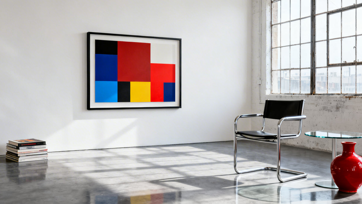Framed wall art mockup showcasing stylish design in a Bauhaus store setting.