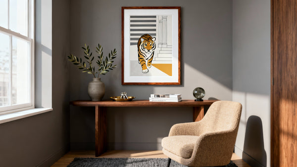 Framed wall art mockup featuring a vibrant tiger abstract design, perfect for real estate or insurance-themed decor.