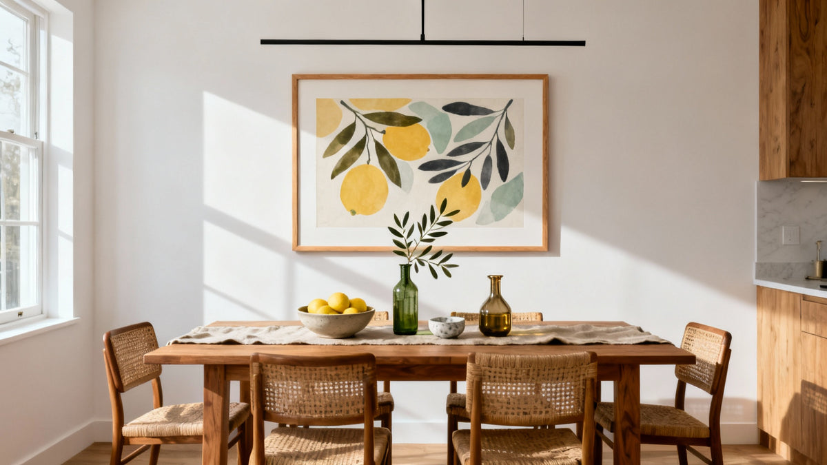 Framed wall pictures mockup enhancing kitchen dining room decor with stylish designs.