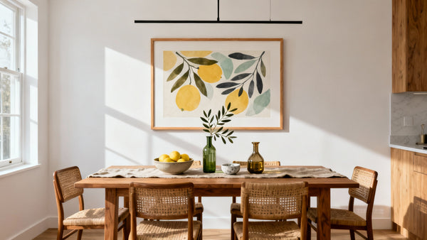 Framed wall pictures mockup enhancing kitchen dining room decor with stylish designs.