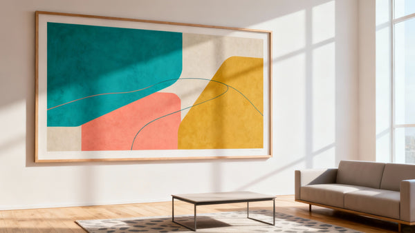 Framed wall art mockup showcasing vibrant designs created with Postershop app.