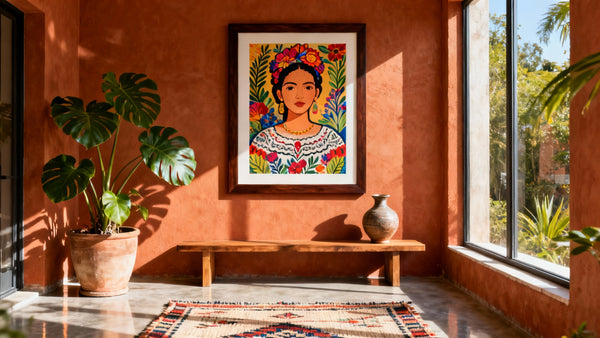 Frida Kahlo wall art mockup featuring a framed print in a stylish home decor setting.