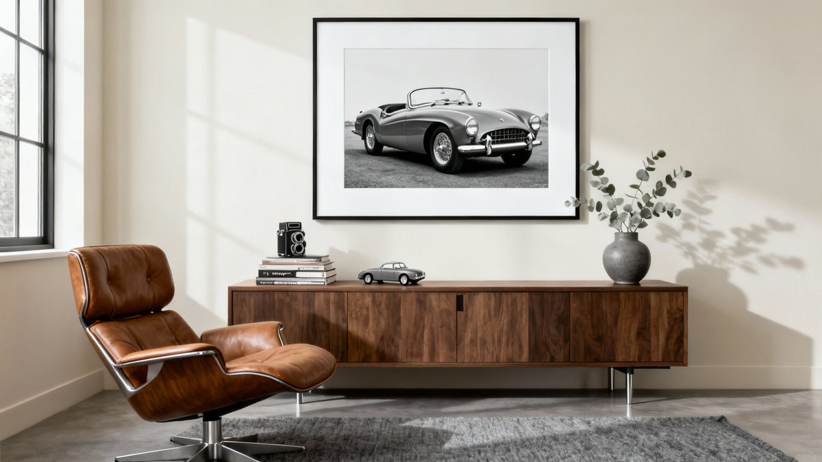 Framed antique car wall art mockup enhancing home decor with automotive history.