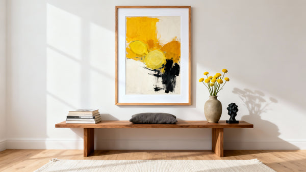 Framed wall art mockup showcasing vibrant pieces at Yellow Gallery for art exhibitions.