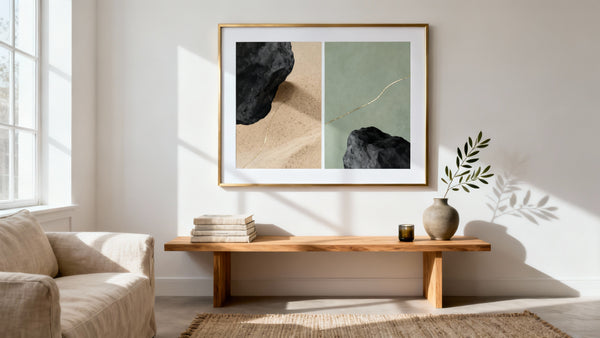 Framed set of 2 wall art mockup enhancing modern decor in stylish living space.