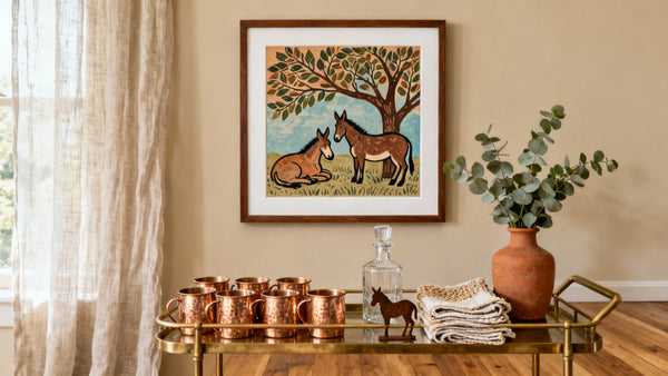 Framed wall art mockup featuring unique mule decorations for stylish home decor.