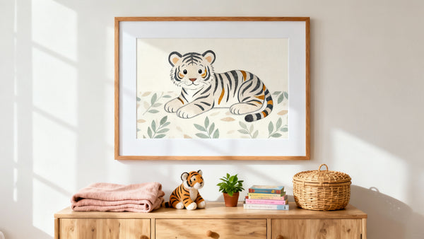Framed wall art mockup featuring vibrant tiger nursery decor for a playful themed nursery.