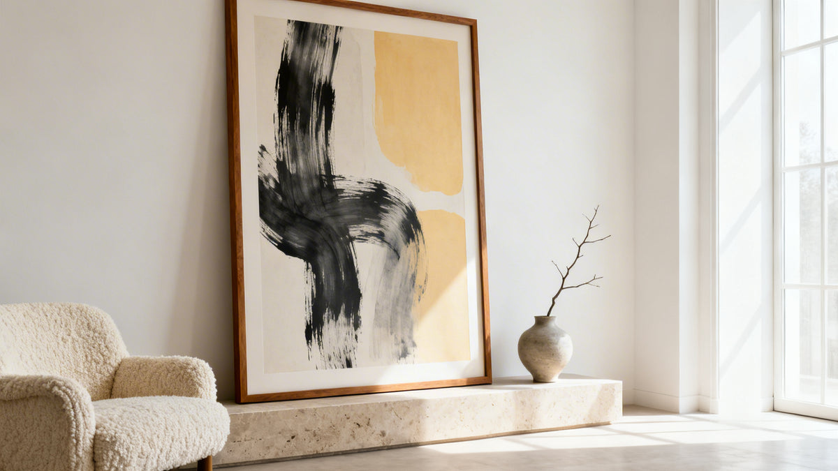 Framed abstract contemporary wall art mockup enhancing modern interior decor.