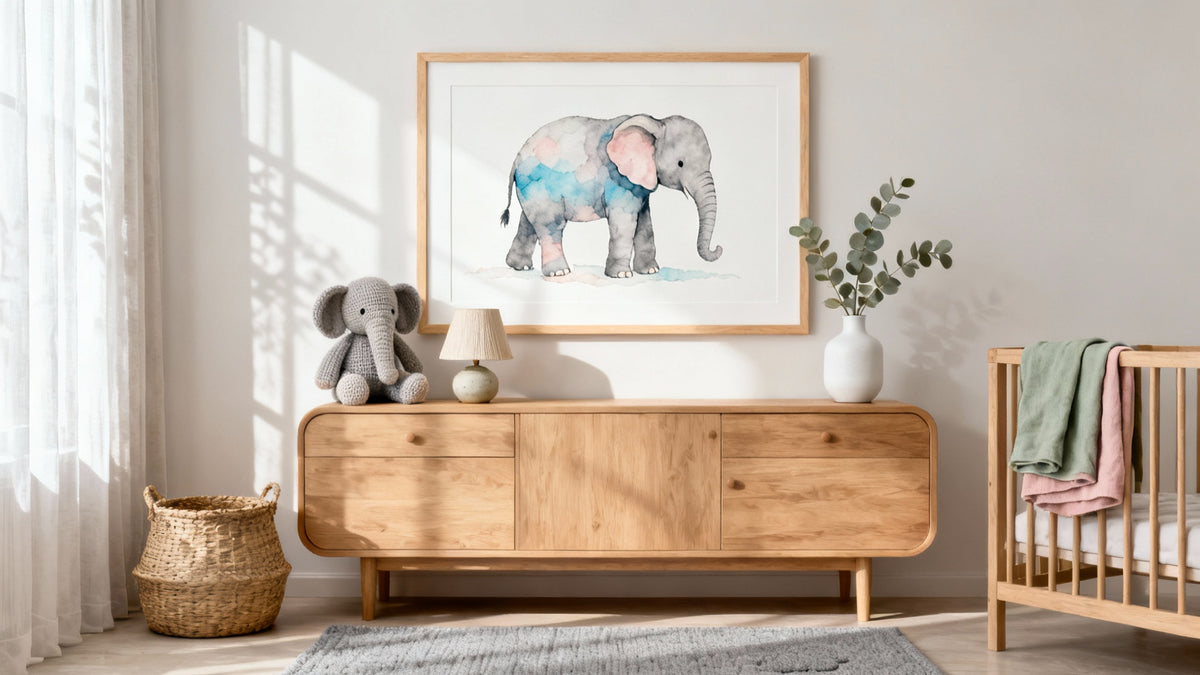 Framed elephant nursery wall art mockup for baby nursery decor inspiration.