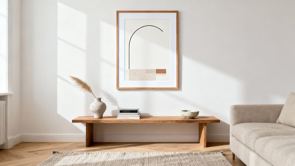 Framed minimalist print art mockup enhancing a stylish home interior with simplicity and elegance.