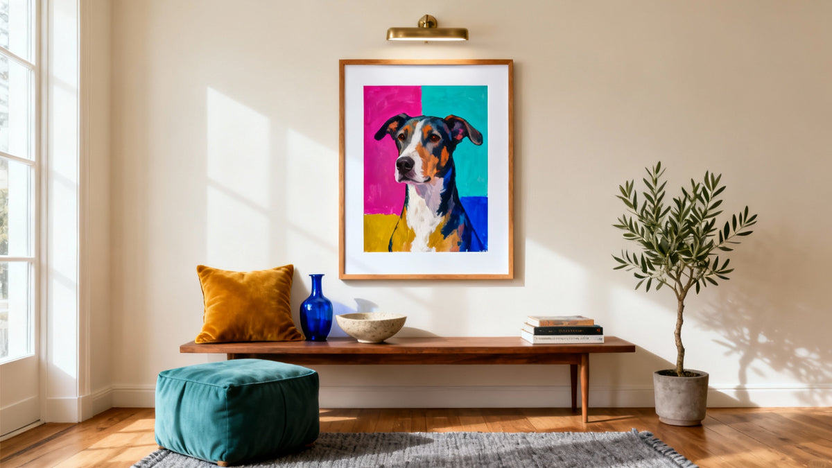 Framed wall art mockup featuring vibrant colourful dog pictures for stylish home decor.