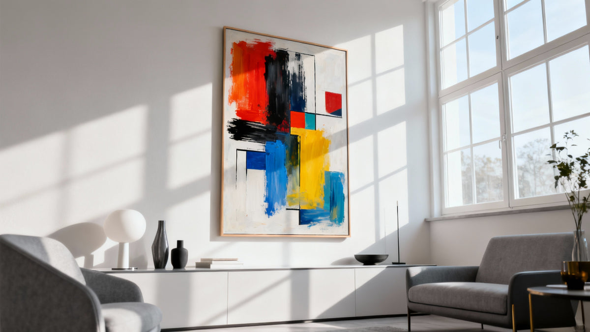 Framed wall art mockup showcasing modern art styles in a chic interior setting at a modern art store.