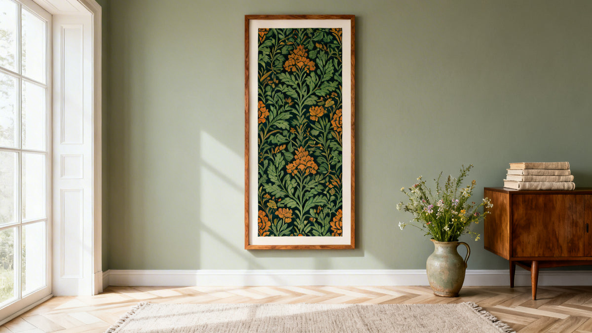 Framed wall art mockup featuring iconic William Morris floral patterns in a stylish interior setting.