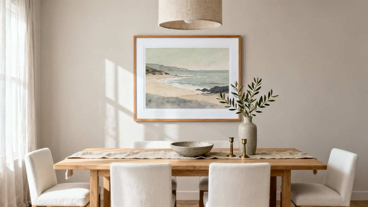 Framed wall art mockup for a stylish dining room, enhancing decor and ambiance. Perfect picture for dining room inspiration.