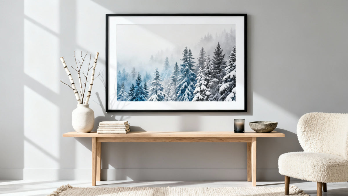 Framed winter wall art mockup showcasing seasonal elegance for home decor.
