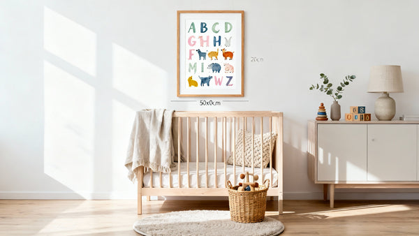 Framed alphabet nursery wall art mockup for a whimsical nursery decor.