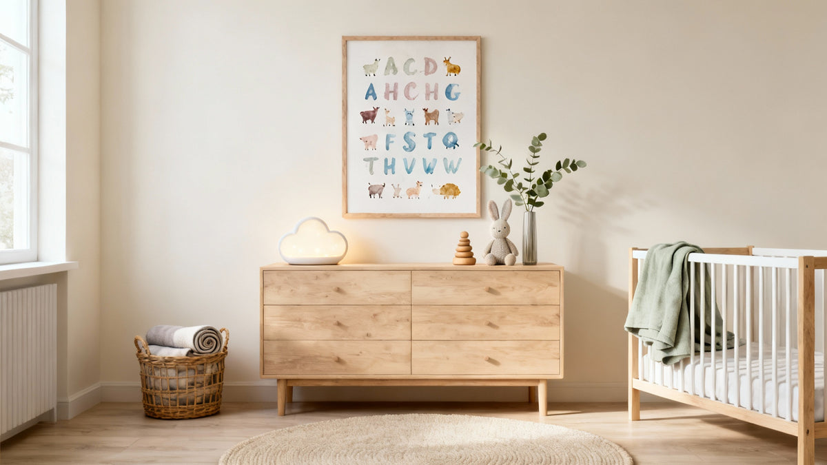 Framed nursery decor wall art mockup showcasing stylish and accessible design ideas for children's rooms.