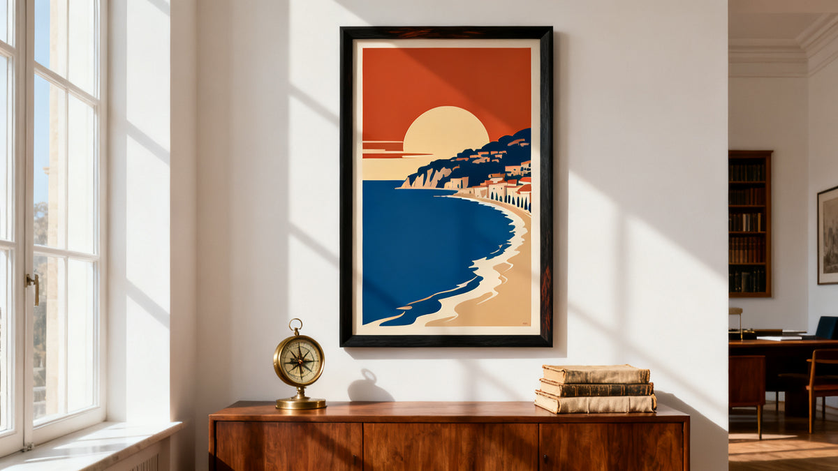 Framed retro travel poster mockup showcasing timeless art for modern explorers.