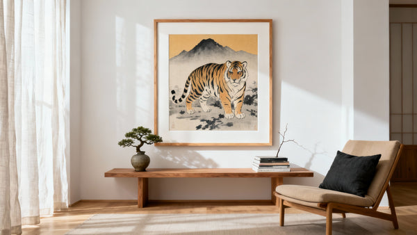 Framed tiger woodblock print mockup showcasing unique artistic history and beauty.