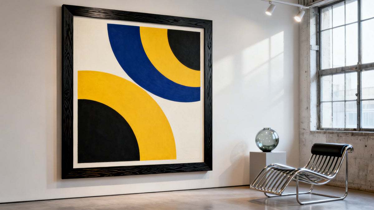 Bauhaus circles framed wall art mockup showcasing iconic geometric design elements in a modern interior setting.