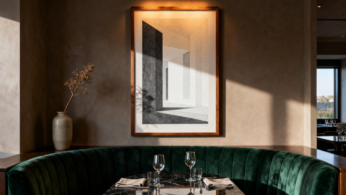 Framed wall art mockup showcasing stylish restaurant art for enhancing dining space ambiance.