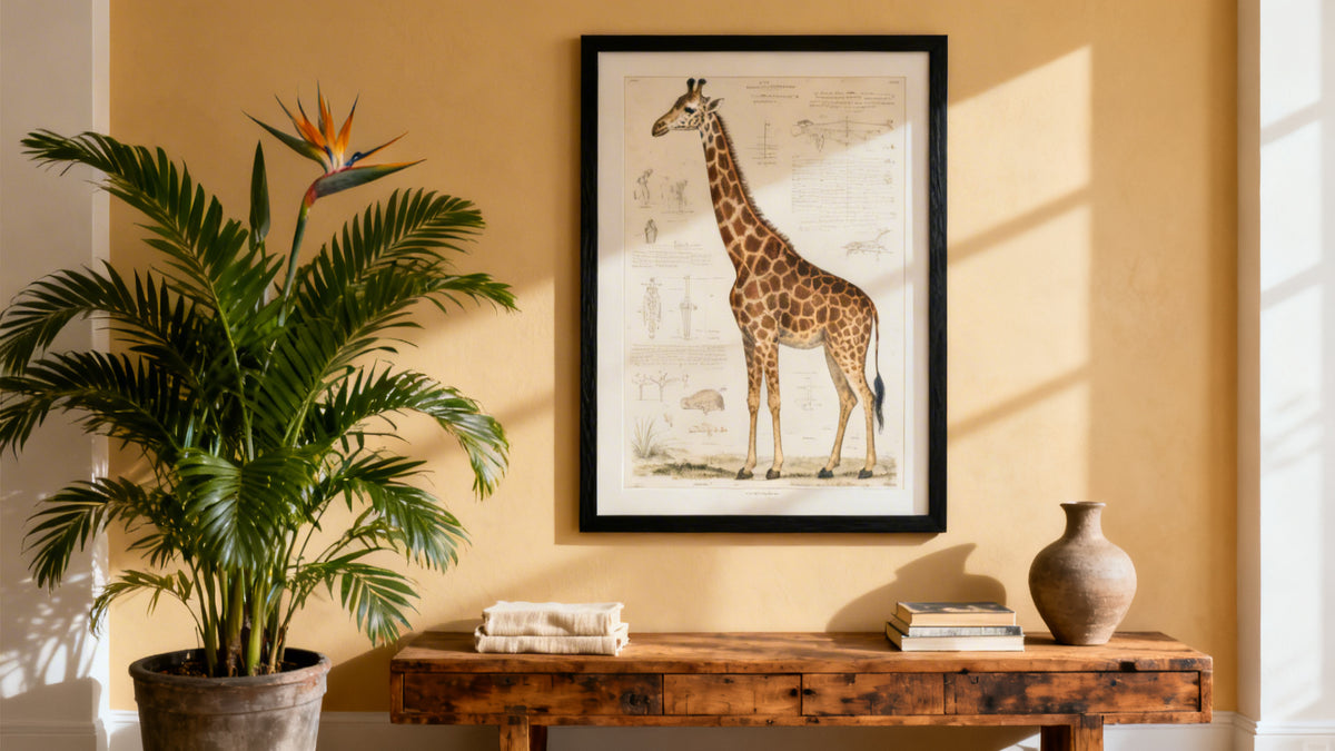 Framed giraffe poster mockup showcasing wildlife art for stylish home decor.