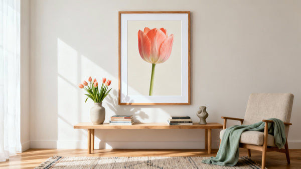 Framed tulip wall art mockup showcasing vibrant blooms to brighten your home decor.