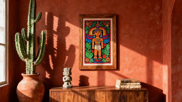 Framed wall art mockup featuring Frida Kahlo, reflecting her deep connection to Mexican identity and culture.
