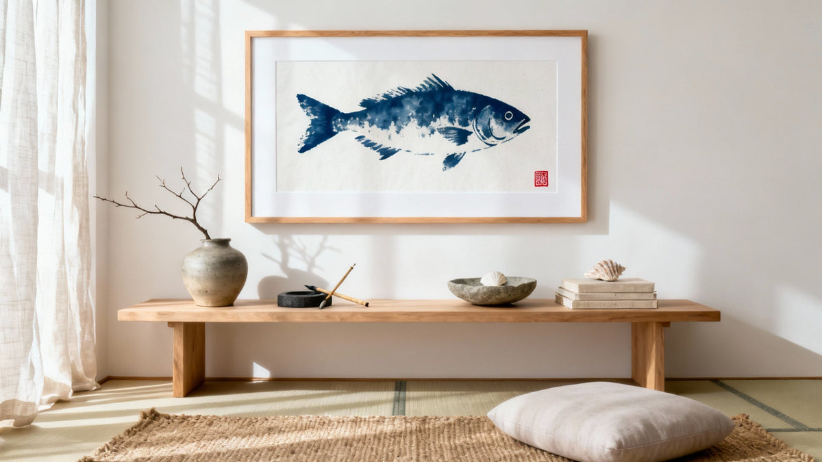 Framed gyotaku wall art mockup showcasing traditional Japanese fish printing technique.